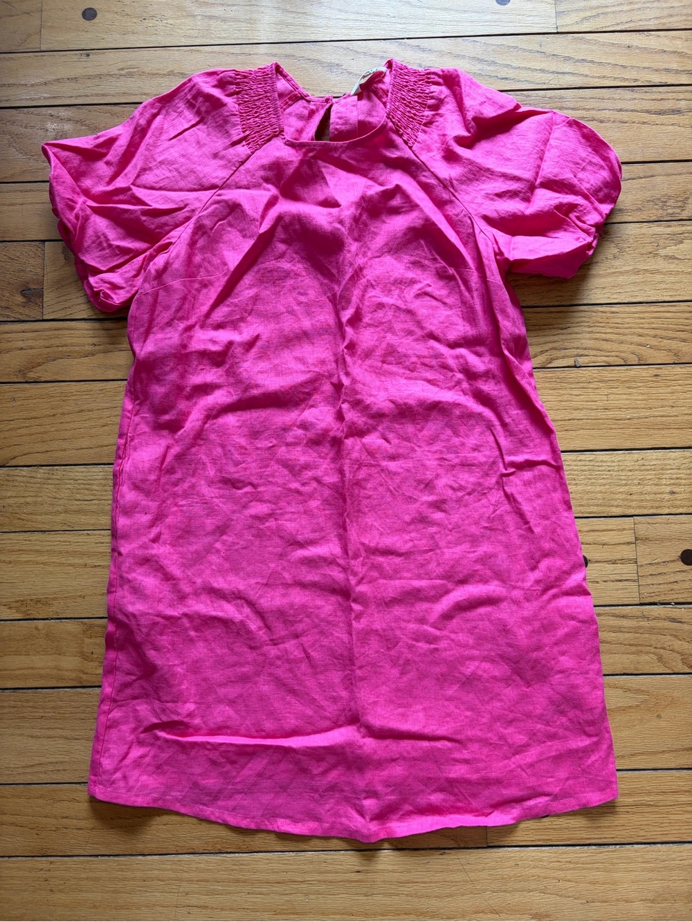 Boden Hot Pink Smocked-Neck Short Dress mini puff sleeves size 8 linen shift